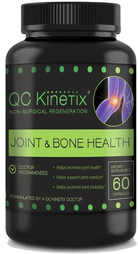 Supplement bottle promoting joint and bone health, with individuals holding it.